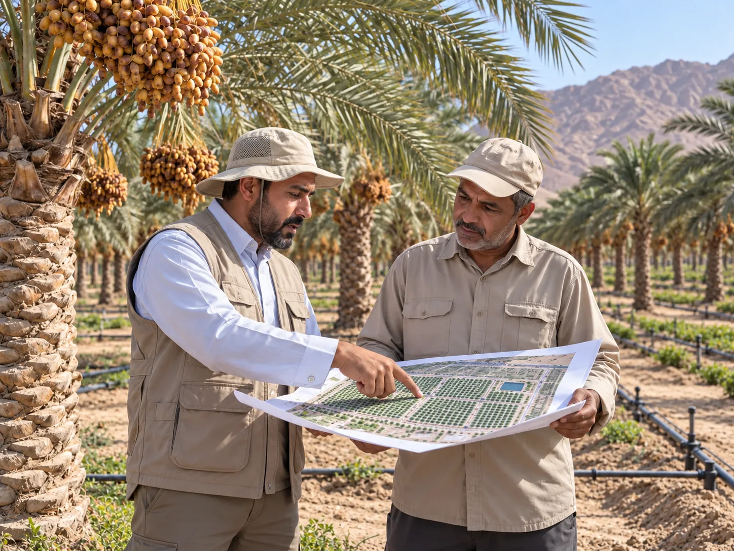 Agricultural engineers reviewing plans on a modern farm