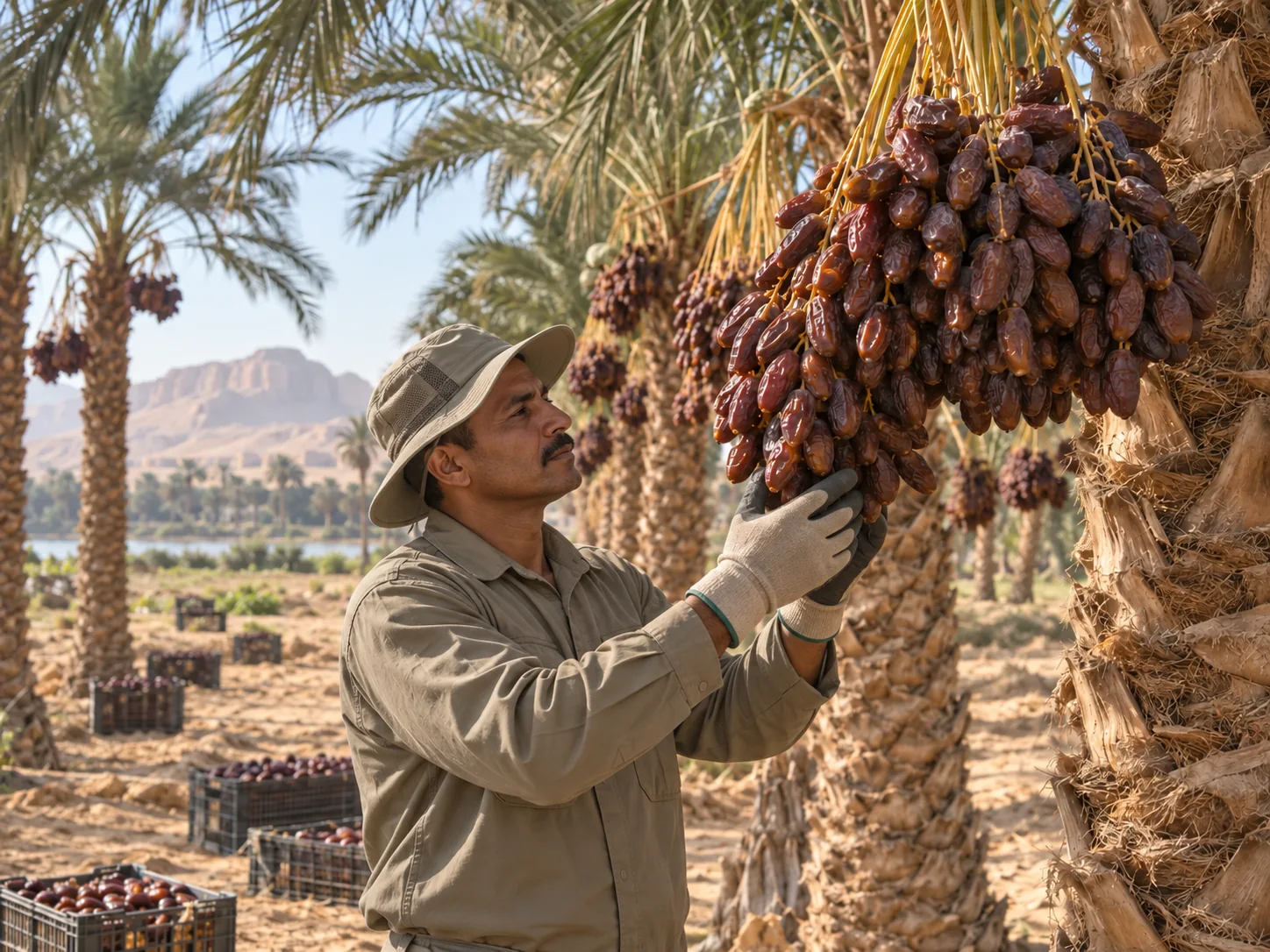A farm worker inspecting date palms in protective workwear